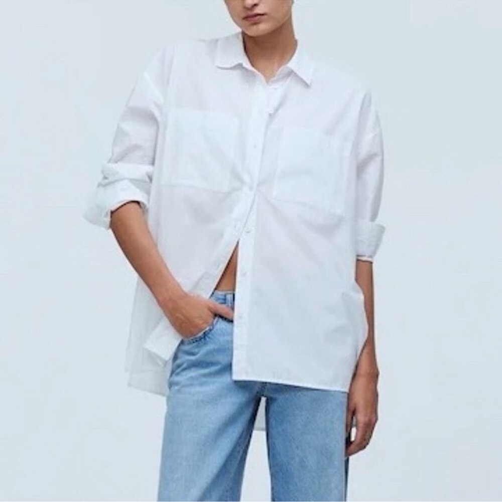 MADEWELL Women's Small White The Oversized Straight Hem Shirt Signature Poplin